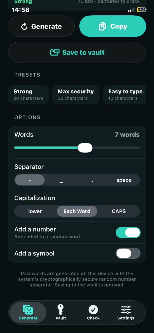 Anomalor generate options for word count, separator, capitalization, and extras