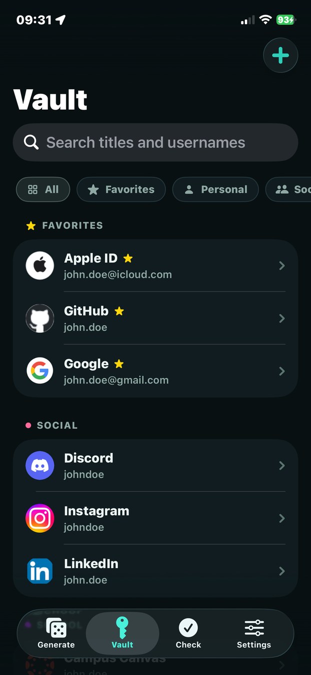 Anomalor vault with favorites and social logins, unlocked on the device