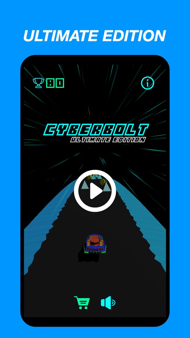 Cyber Bolt title screen with a spacecar on the track and a play button