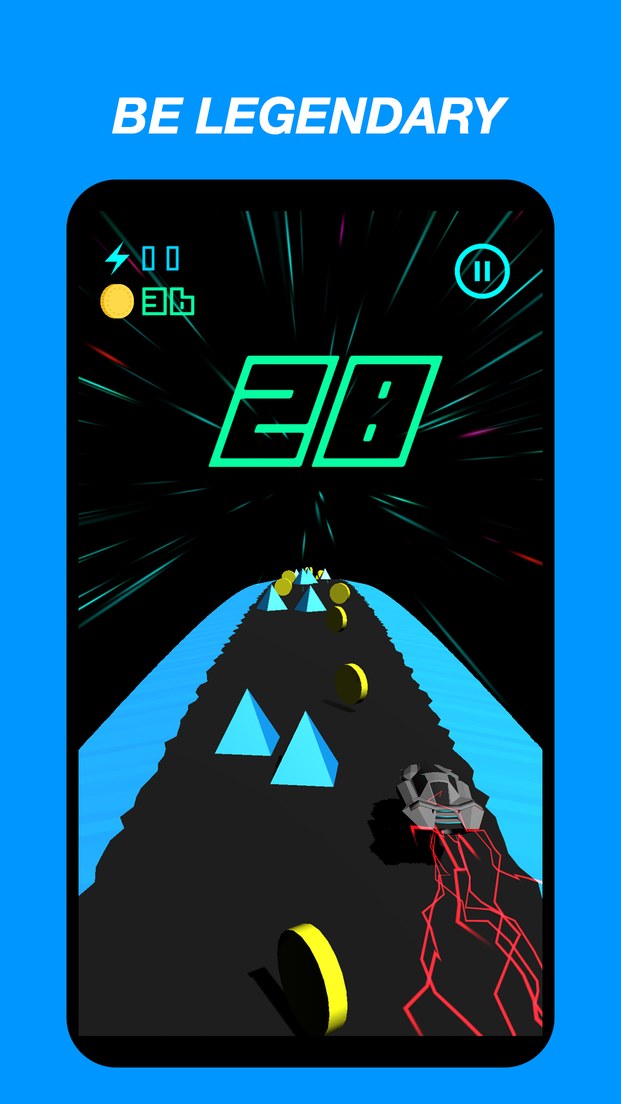 Gameplay at score 20, dodging pyramids and collecting coins on the track