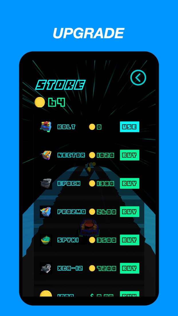 Store screen listing spacecar skins to buy with coins