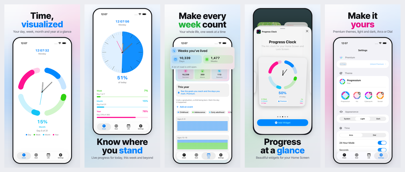 Progress Clock on iPhone: arc clock, day dial with week, month, and year bars, life calendar of weeks lived, a Home Screen widget, and theme settings