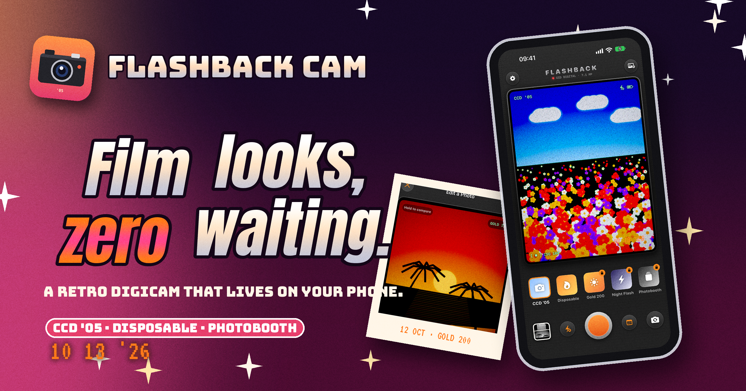 Flashback Cam on a desk with a silver digicam, film, and prints. Shoot like it's 2005.